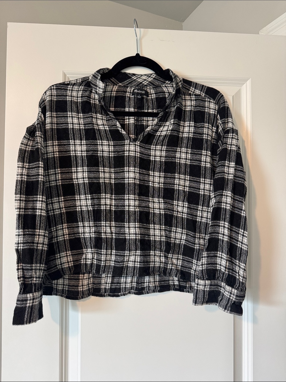 Madewell Black and White Plaid Long-Sleeve Pullover Blouse